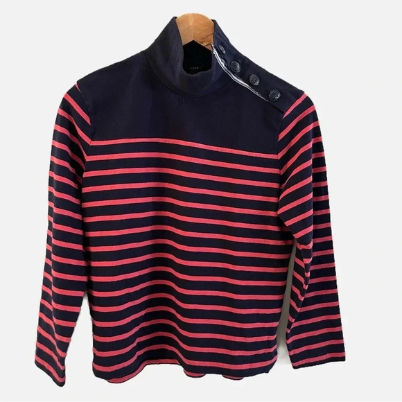 J. Crew Mock Neck Nautical Sweater Navy Blue & Pink Striped Sweater XS Preppy - Picture 4 of 7